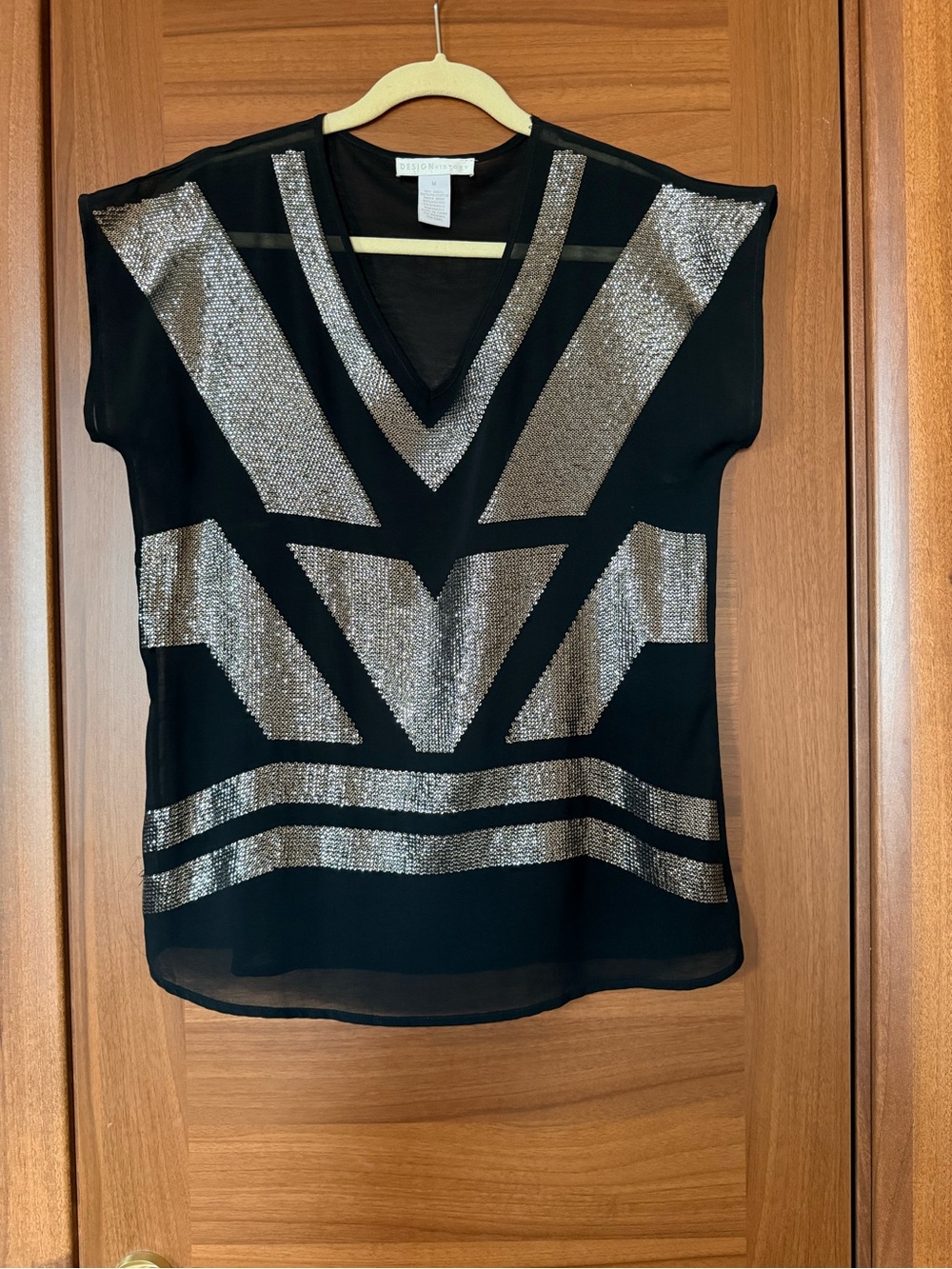 Design History Black SheerTop with Silver Sequin Geometric Accents